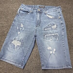 M. Society Politically Incorrect Distressed Denim Shorts Blue Mens 34 Rip Repair